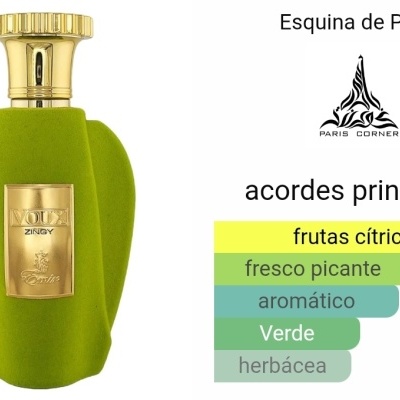 Frasco de perfume verde com tampa dourada e lista de acordes principais