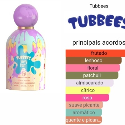 Frasco de perfume Tubbees Berry Blast colorido com tampa roxa