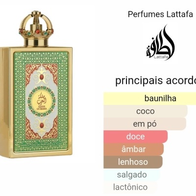 Frasco dourado de perfume Queen of Arabia com tampa coroa e lista de acordes principais