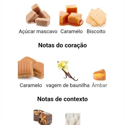 Notas aromáticas de açúcar mascavo, caramelo, biscoito, vagem de baunilha, âmbar, praliné e almíscar branco.