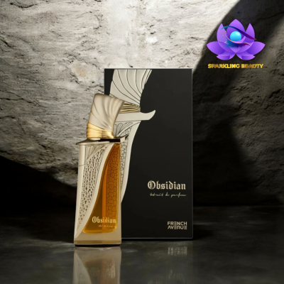 Frasco de perfume Obsidian dourado com embalagem preta