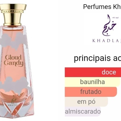 Frasco de perfume Cloud Candy com tampa dourada e detalhes de nuvens cinzentas