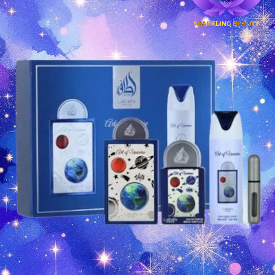 Conjunto de produtos cosméticos em caixa azul com imagens do planeta Terra e texto árabe, fundo estrelado.