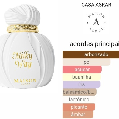 Frasco branco com texto dourado Milky Way, logotipo Maison Asrar e notas aromáticas coloridas em fundo branco