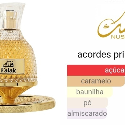 Frasco de perfume Falak dourado texturizado com rótulo e texto de acordes principais em português