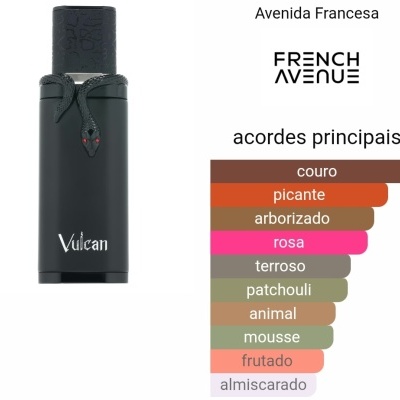 Frasco preto fosco de perfume Vulcan com serpente preta e gráfico de acordes principais