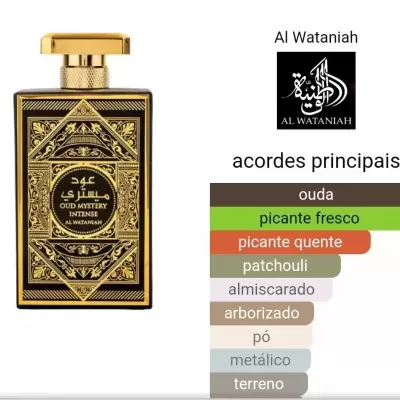 frasco de perfume Al Wataniah Oud Mystery Intense com tampa dourada e design preto e dourado
