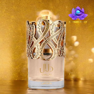 Frasco de perfume elegante com decoração dourada e pedras brilhantes