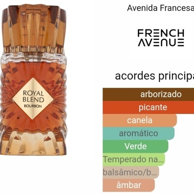 Garrafa de bourbon Royal Blend castanha com gráfico de acordes principais em português