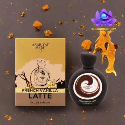 Perfume Arabiyat Sugar French Vanilla Latte com embalagem castanho claro e garrafa preta sobre fundo castanho com manchas douradas