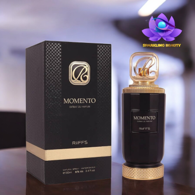 Frasco e caixa de perfume RiiFFS MOMENTO preto e dourado