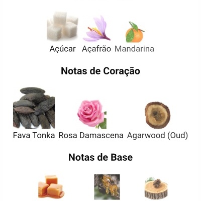 Notas olfativas de fragrância com imagens de açúcar, açafrão, mandarina, fava tonka, rosa damascena, agarwood, caramelo, madeira de âmbar e cedro.