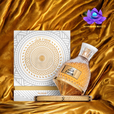 Frasco de perfume Falak em vidro com embalagem branca decorada e tecido dourado de fundo