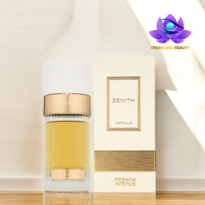 Frasco e embalagem de perfume Zenith Vanilla no chão de madeira com fundo claro.