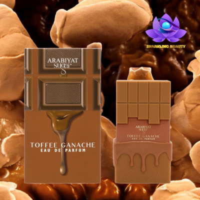 Perfume Toffee Ganache embalagem e frasco estilo chocolate com fundo de caramelos