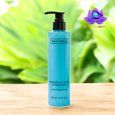 Frasco azul de máscara facial refrescante com doseador preto