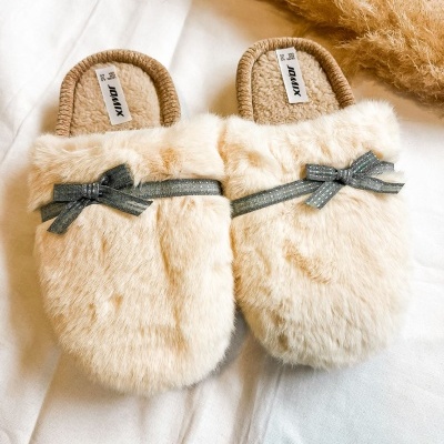 Chinelos de interior de pelo creme com laço cinzento