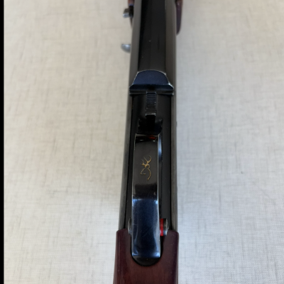 Espingarda com coronha de madeira castanha e parte superior preta com símbolo dourado