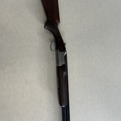 Espingarda de canos duplos com coronha de madeira escura em parede bege