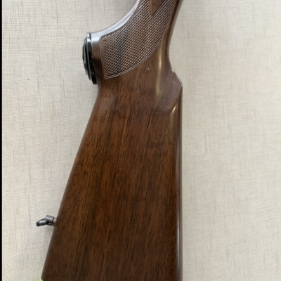 Espingarda de madeira castanha com punho texturizado e etiqueta verde