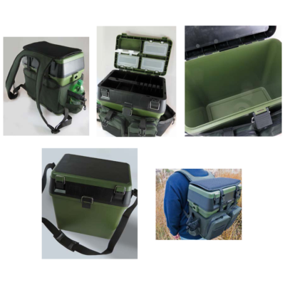 Mochila e caixa térmica verde com alças e múltiplos compartimentos