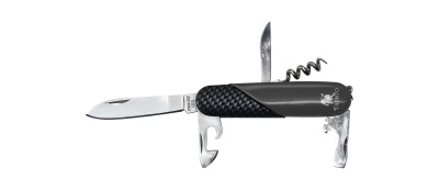Canivete multifunções preto com várias lâminas e abridores