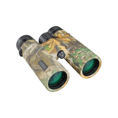 Binóculos camuflados com lentes verdes e botão central preto