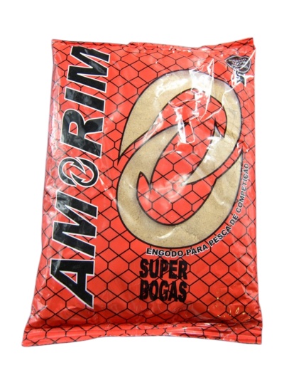 Embalagem vermelha para engodo de pesca com texto AMORIM e SUPER BOGAS
