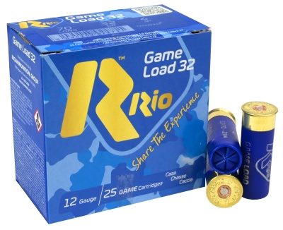 Caixa azul de cartuchos de caça Rio Game Load 32 calibre 12 e dois cartuchos ao lado