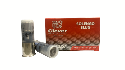 Caixa vermelha de munição Clever Solengo Slug e três cartuchos cinza calibre 12