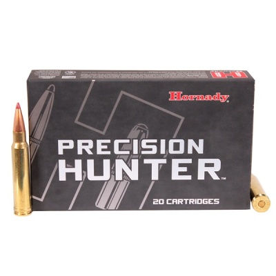 Caixa preta de munições Hornady Precision Hunter com 20 cartuchos e cartuchos ao lado
