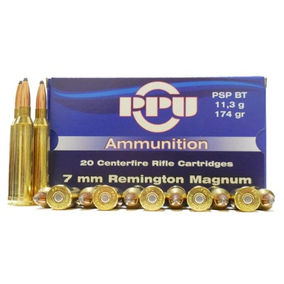 Caixa azul com munições 7 mm Remington Magnum e cartuchos dourados visíveis