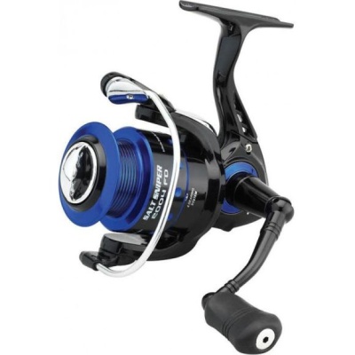 Carreto de pesca preto e azul com texto SALTIMBER GOLD