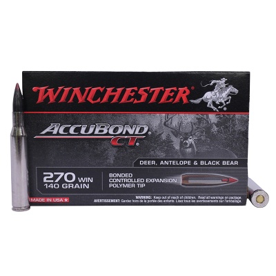 Munições Winchester AccuBond CT calibre .270 WIN 140 grain com embalagem preta e texto vermelho e branco
