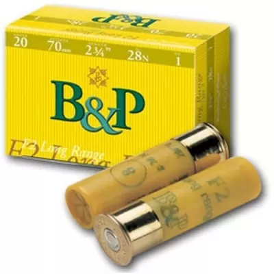Embalagem e cartuchos de caça calibre 20 da marca B&P