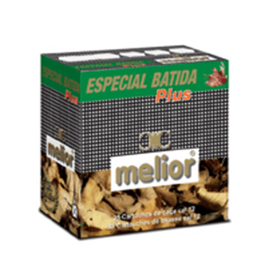 Caixa preta e verde com texto 'ESPECIAL BATIDA Plus' e 'melior', contendo cartuchos de caça.