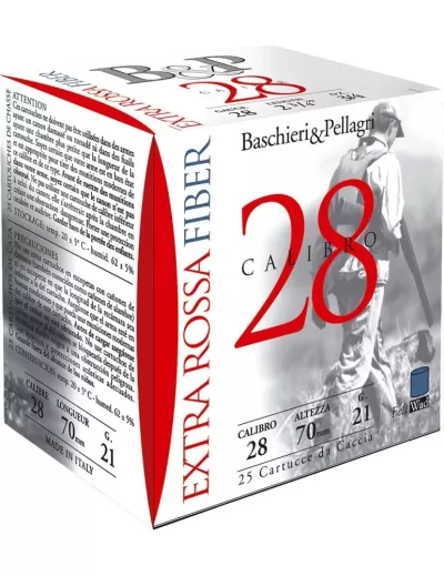 Embalagem de cartuchos de caça BASCHIERI & PELLAGRI EXTRA ROSSA FIBER calibre 28 com imagem de caçador