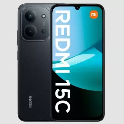 Smartphone Redmi 15C preto com ecrã frontal e duas câmaras traseiras