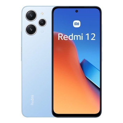 Smartphone Redmi 12 azul claro com três câmaras e ecrã com texto Redmi 12