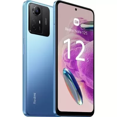 Smartphone Redmi Note 12S azul com ecrã ligado mostrando texto e número 12S