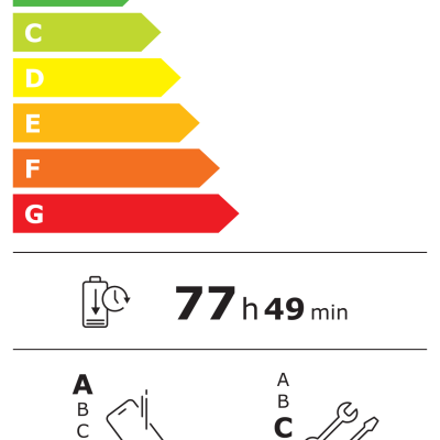 Etiqueta energética UE para Redmi com eficiência A, 77h49min bateria, IP64