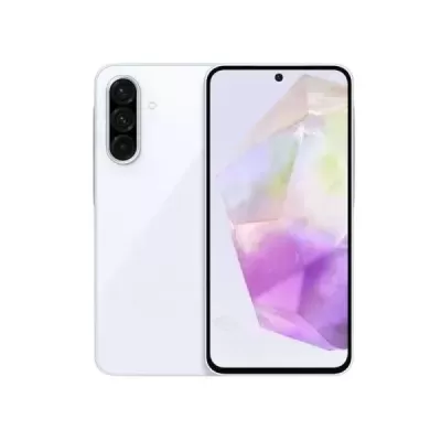 Smartphone branco com câmaras triplas e ecrã com buraco para câmara