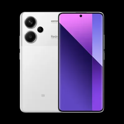 Smartphone Redmi branco com duas câmaras grandes na traseira e ecrã frontal roxo