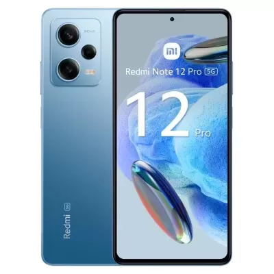 Smartphone Redmi Note 12 Pro 5G azul com câmara dupla e ecrã frontal ligado