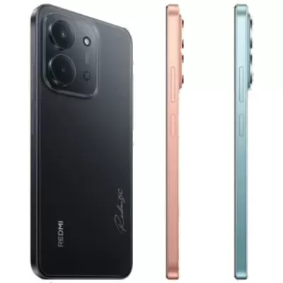 Três smartphones Redmi em preto, rosa e azul em fundo branco