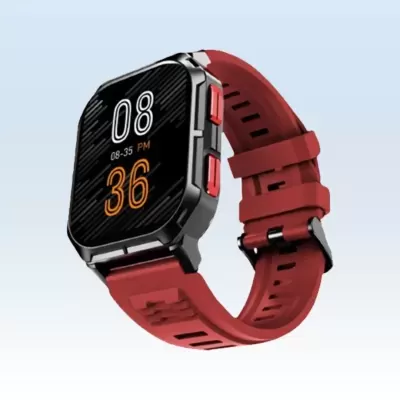 Relógio inteligente com ecrã preto, caixa metálica preta, botões vermelhos e pulseira vermelha