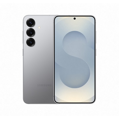 Smartphone Samsung prateado com três câmaras traseiras e ecrã frontal com imagem abstrata cinzenta