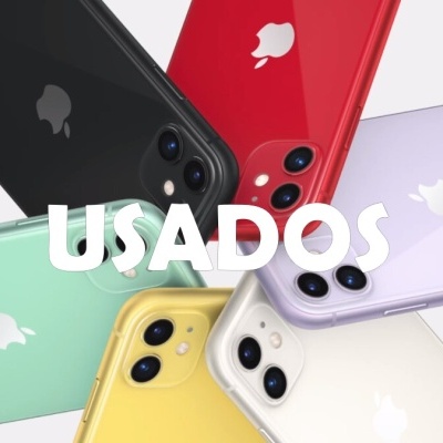 Seis iPhones usados coloridos dispostos em círculo com texto USADOS