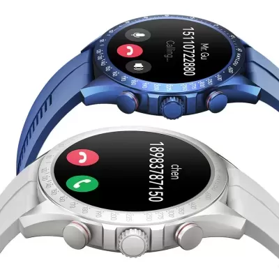 Dois smartwatches azuis e brancos com chamadas a decorrer no ecrã