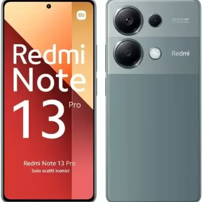 Smartphone Redmi Note 13 Pro cinza mostrando frente e trás com câmaras e texto no ecrã